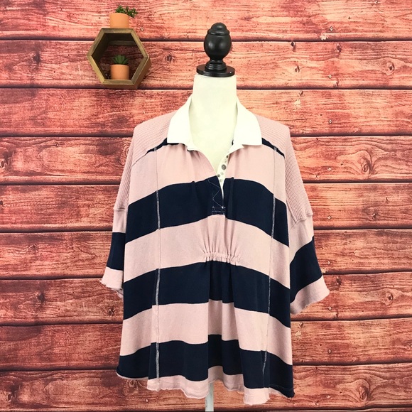 Free People Striped Yuki Oversized Polo Shirt M - Picture 2 of 8